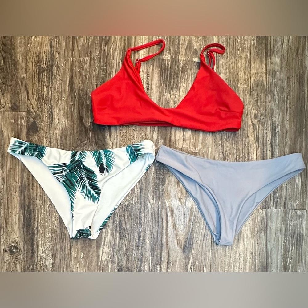 Zaful red bikini top 2 bikini bottoms tropical leaf print & solid gray women’s S